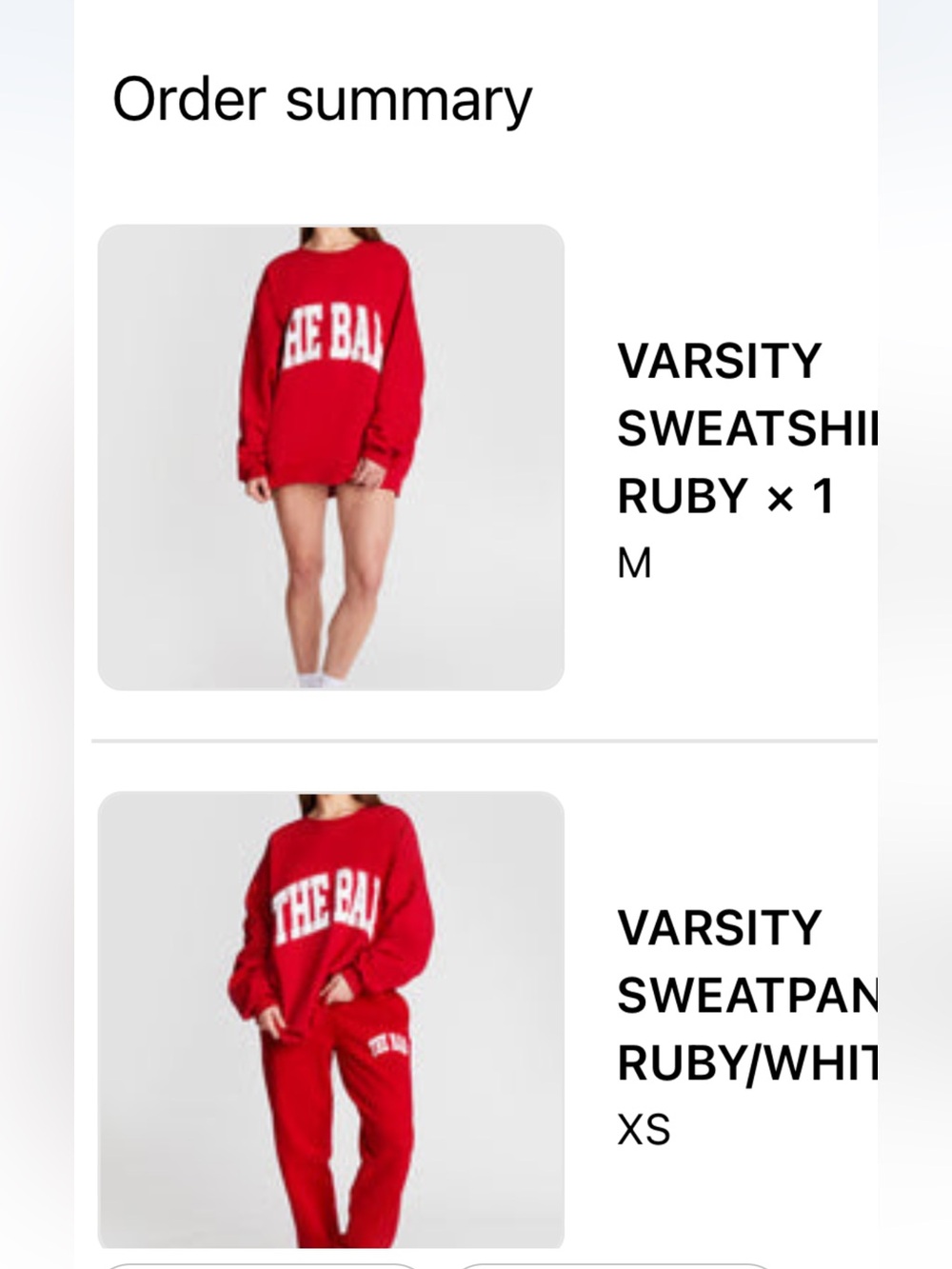 THE BAR Varsity Sweatshirt M and Sweatpant XS - Red